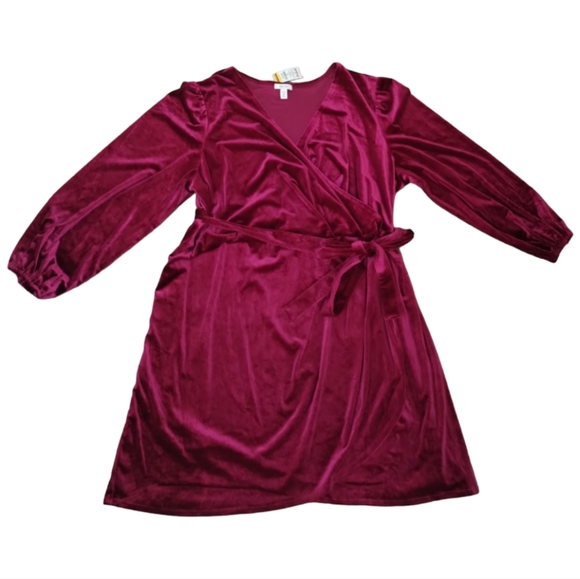 Nine West Plus Size Velvet Wrap Dress - Long Sleeve V-Neck Bodycon for Women - Picture 6 of 10